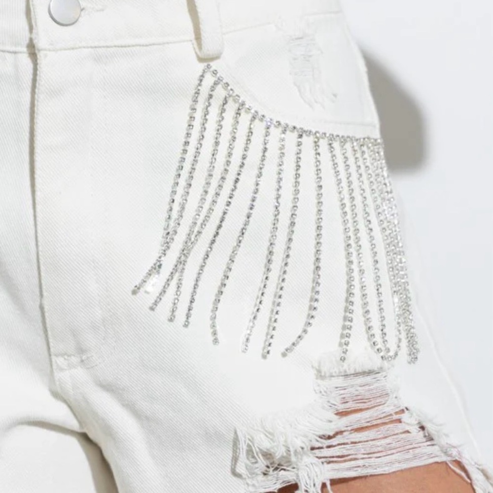 Blue B White Ripped Rhinestone Fringe Shorts - Picture 4 of 11